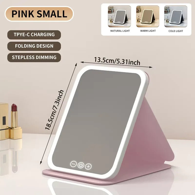 3 Colors Dimmable LED Makeup Mirror with Touch Screen Fold Cosmetic Makeup Mirror Rechargeable Tabletop for Travel & Home Use Beauty World Shop