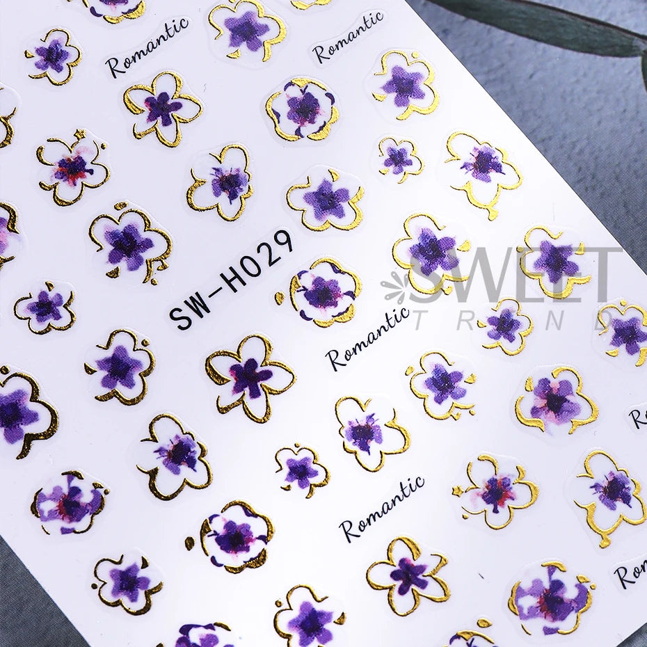 2/3pcs Golden Pink Hibiscus Flower Nail Stickers 3D Bronzing Border Petals Sakura Line Sliders Nail Decals DIY Manicure Decor Beauty World Shop