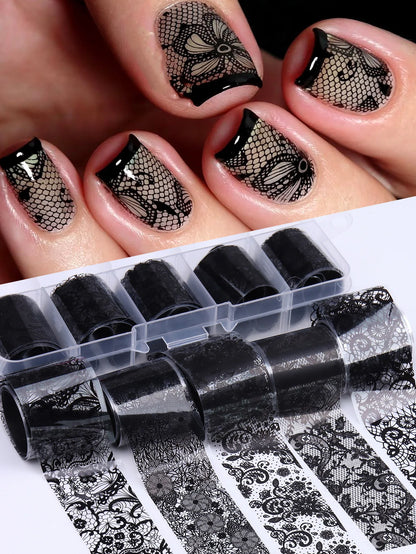 10 Sheets Lace Nail Foil White & Black Nail Stickers Design Transfer Foils Starry Sky Paper Nail Art Foil Decals for Nails Salon Beauty World Shop