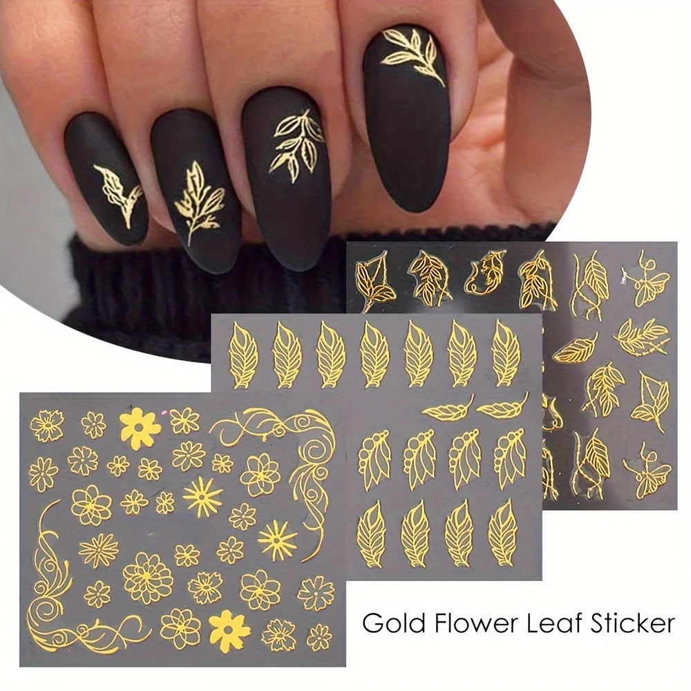 30 Sheets Golden Floral Nail Art Stickers - 3D Self-Adhesive Shimmering Leaf & Flower Designs for DIY Manicure Beauty World Shop