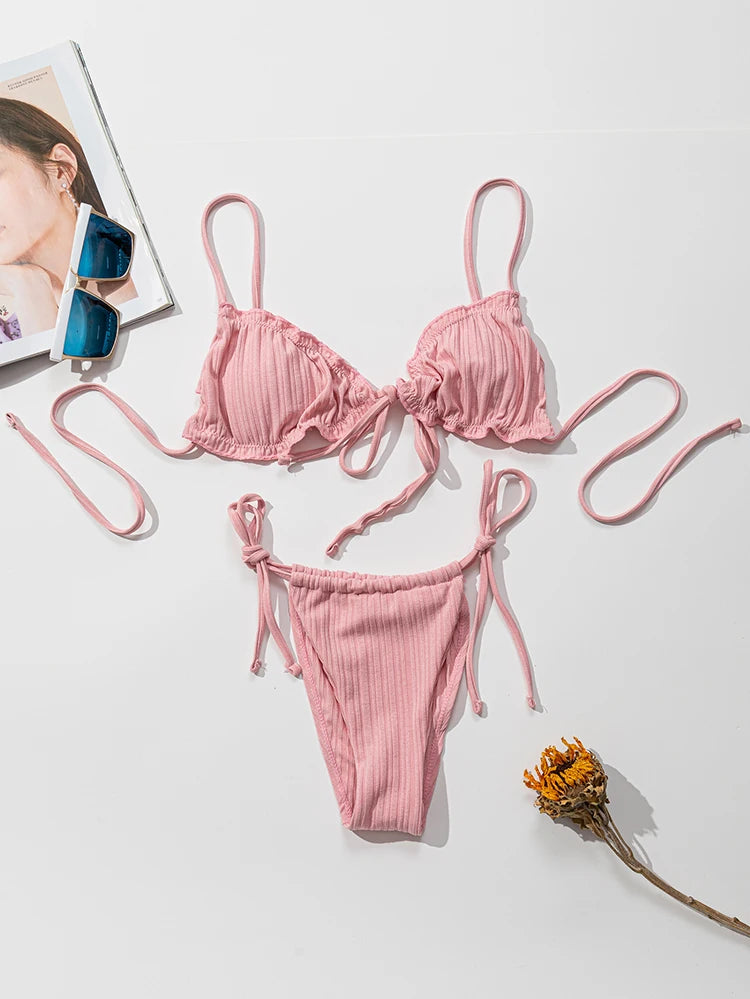 New 2025 Sexy Swimsuit Pit stripe Bikini Women Swimwear  Bathing Suits Push Up Biquinis Bandage Beachwear Solid Bikini Sets Beauty World Shop