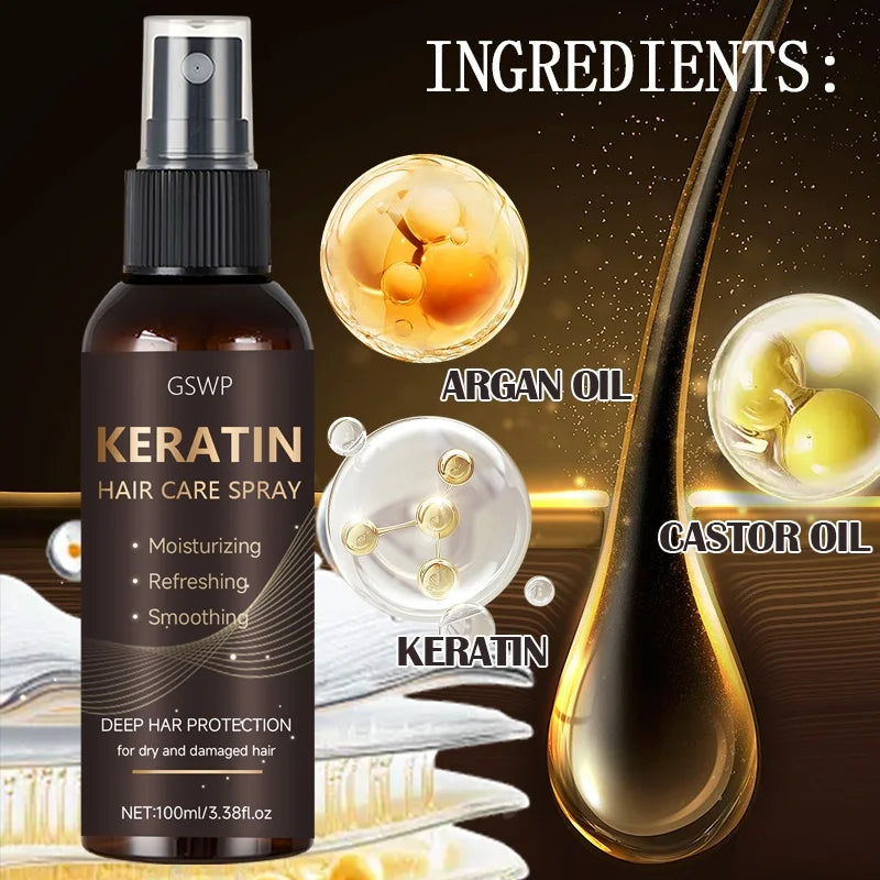 GSWP Keratin Hair Spray Contains Castor Oil and Argan Oil, Quickly Absorbed, Moisturize Hair, Leave It Non-Greasy. 100ml Beauty World Shop