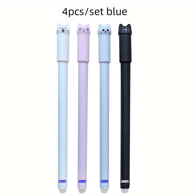 4/8/12pcs Creative Cat Erasable Gel Pens Set 0.5mm Washable Handle Magical Blue/Black Ink Erasable Refills Rod Writing Stationer Beauty World Shop