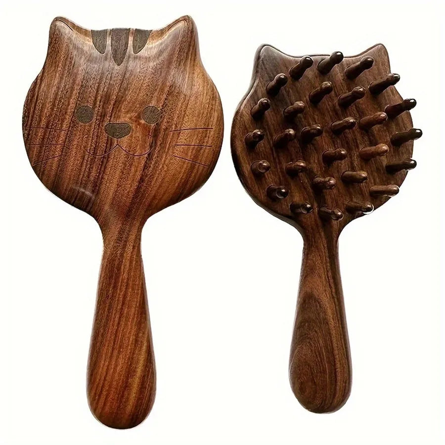 Charming Kitten Shape Solid Wood Massage Comb - Women's Air Cushion Scalp & Meridian Relief Beauty World Shop