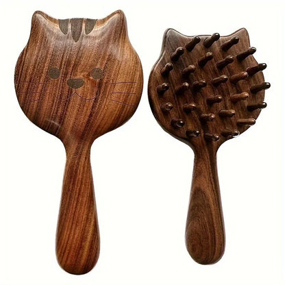 Charming Kitten Shape Solid Wood Massage Comb - Women's Air Cushion Scalp & Meridian Relief Beauty World Shop