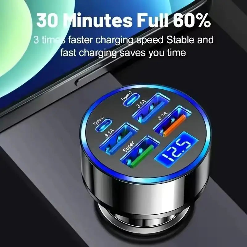 300W PD Car Charger QC3.1 Fast Charge 4USB+2PD ports Car Cigarette Lighter Plug Car Charger Flash Charge with Digital Display Beauty Trend Shop