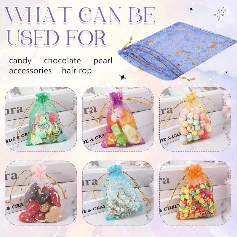 50PCS Moon Stars Drawstring Organza Bags Jewelry Gift Bags Pouches Gold Star Organza Favor Pouches for Christmas Wedding Beauty World Shop