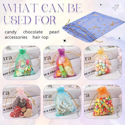 50PCS Moon Stars Drawstring Organza Bags Jewelry Gift Bags Pouches Gold Star Organza Favor Pouches for Christmas Wedding Beauty World Shop