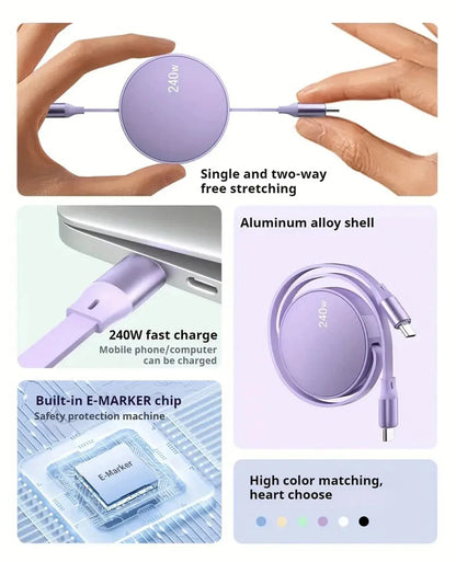 USB-C to USB-C Retractable PD240W Fast Charging Type-C Data Cable 1M Mobile Phone Charging Wire for iPhone 15/16 Xiaomi Samsung Beauty World Shop