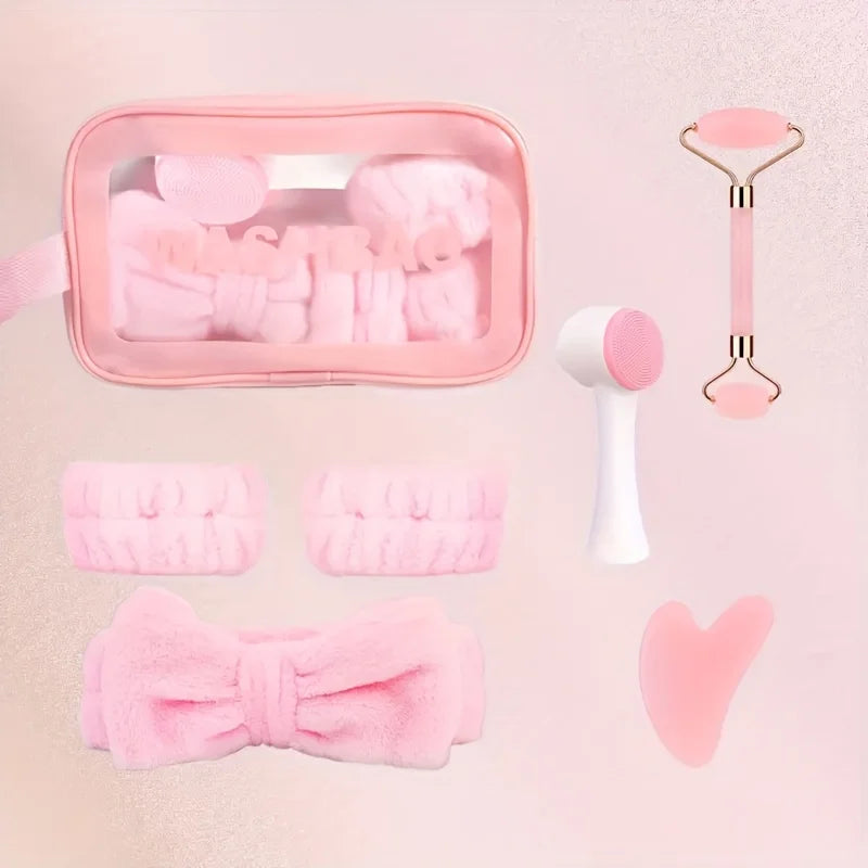7-piece facial cleansing and massage set with a silicone dual-ended brush, dual-ended roller, and heart-shaped gua sha tool Beauty World Shop
