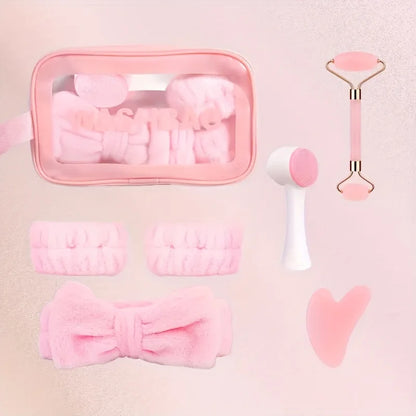 7-piece facial cleansing and massage set with a silicone dual-ended brush, dual-ended roller, and heart-shaped gua sha tool Beauty World Shop