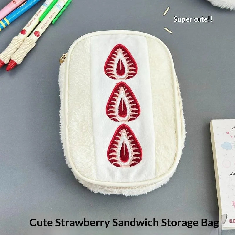 Cute Embroidered Strawberry Pencil Case Portable Stationery Pen Box Multi Functional Large Capacity Makeup Bag Storage Bag Beauty World Shop