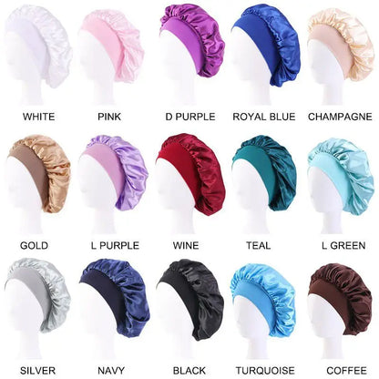 New Women's Satin Solid Wide-brimmed Sleeping Hat Unisex Head Wrap Elastic Band Cap Hair Care Bonnet Night Hat bonnet de nuit Beauty Fashion