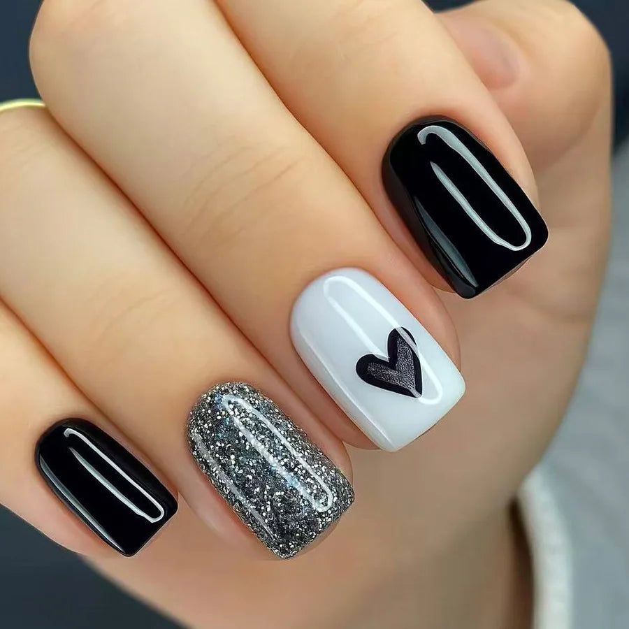 Short Square Glossy Press On Nails 24Pcs Sweet Black Heart Glitter Ins Style For Women Beauty World Shop