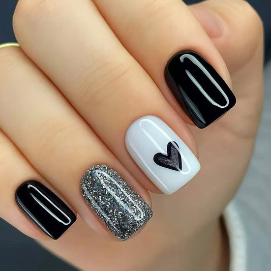 Short Square Glossy Press On Nails 24Pcs Sweet Black Heart Glitter Ins Style For Women Beauty World Shop