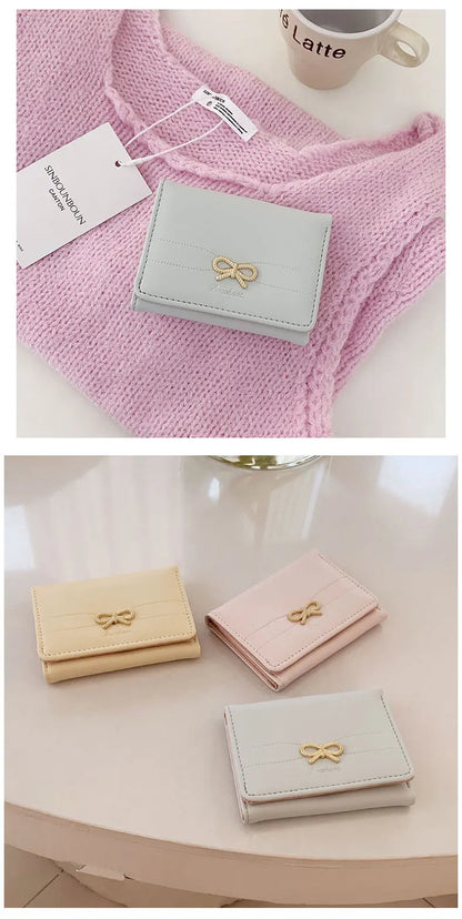 Fashion Wallets Girls Cute Bow Small Wallet Aesthetic Card Holder Classic Three Fold Purse For Women Student Simple Coin Pouch Beauty World Shop