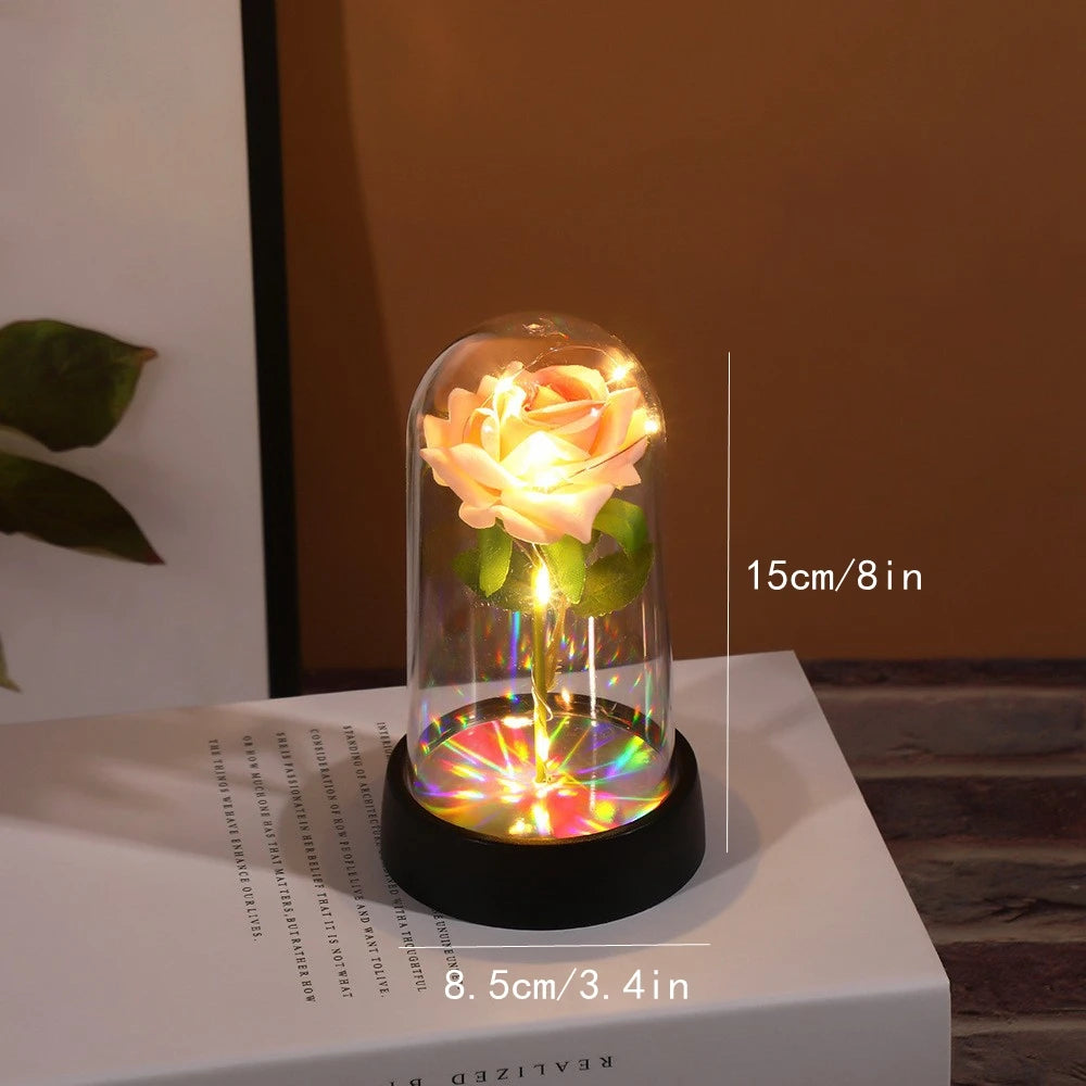 Artificial Flowers LED Red Rose Creative Valentine's Day Gift Rose in Glass Cover with Stand Light Up Rose Wedding Galaxy Rose Beauty World Shop