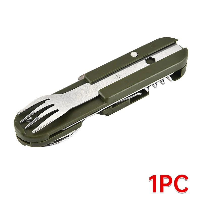 7 in 1 Camping Gear Portable Stainless Steel Spoon Fork Knife and Bottle Opener Combination Set Travel, Backpack Style Tableware Beauty World Shop