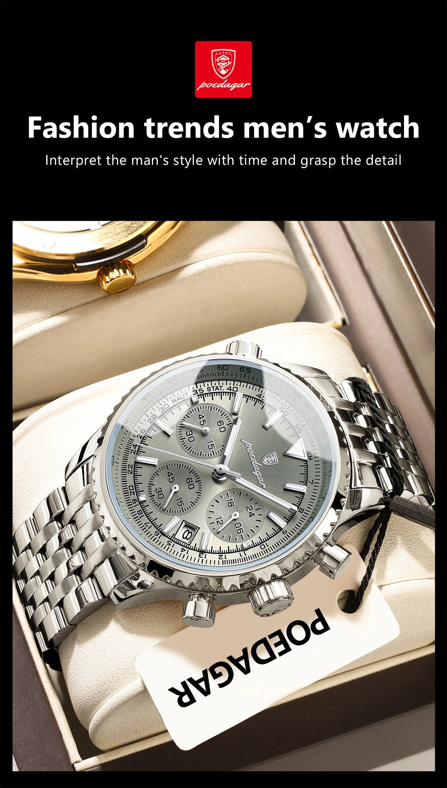 POEDAGAR Luxury Fashion Men Watch Stainless Steel Waterproof Luminous Quartz Male Clock Date Chronograph Military Men's Watches Beauty World Shop