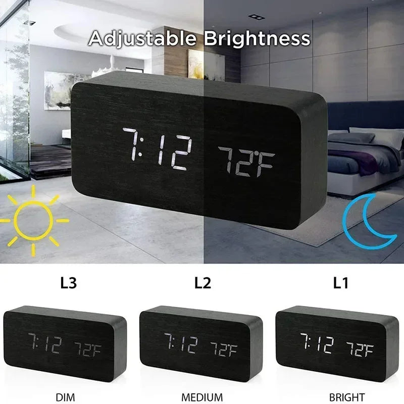 Digital Alarm Clock Wooden LED Table Clock with Temperature for Bedroom Office Travel Desk Decorations Beauty World Shop