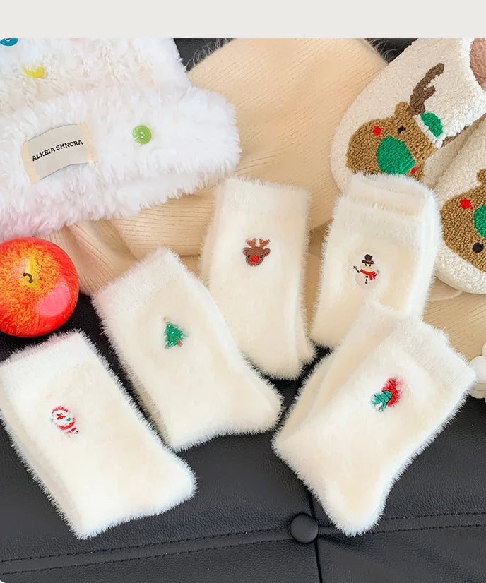 Autumn And Winter Socks, White Mink Fur Christmas Socks, Snowman Santa Claus Christmas Tree Elements, Thickened Warm Socks Beauty World Shop