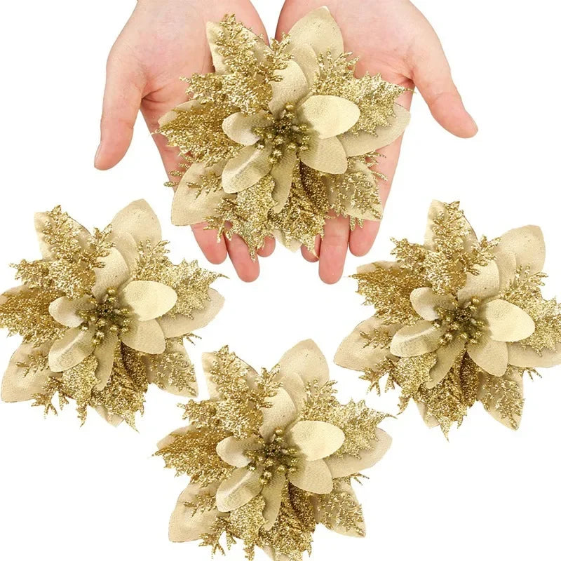 Christmas Glitter Artificial Flowers Christmas Tree Hanging Ornaments Fake Flower for Home 2025 Xmas New Year 2026 Navidad Gift Beauty World Shop