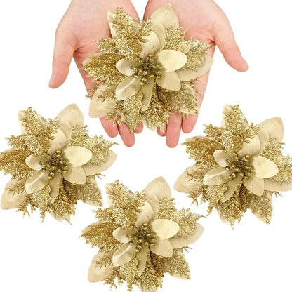 Christmas Glitter Artificial Flowers Christmas Tree Hanging Ornaments Fake Flower for Home 2025 Xmas New Year 2026 Navidad Gift Beauty World Shop