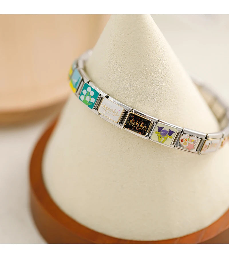 Hapiship 2024 Fashions Colors Glaze Flower Nana Aircraft Charm Links Fit 9mm Bracelet Stainless Steel Making DIY Jewelry DJ813 Beauty World Shop