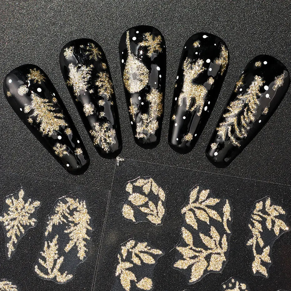 2PCS Golden Glitter Leaf Nail Art Stickers Shinny Christmas Trees Snowflake Sliders Japanese Winter Y2K Leaves Manicure Decor Beauty World Shop