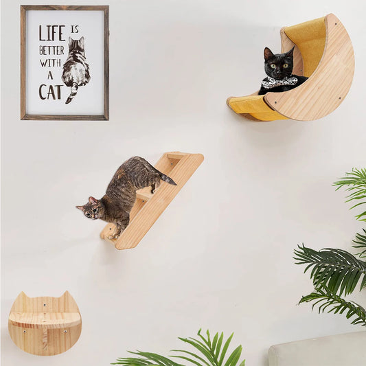 Cat Wall Hiding House Hammock Climbing Shelves Moon Perches Bed Ladder Solid Wood Steps For Activity Indoor Cats Wall Furniture Beauty World Shop