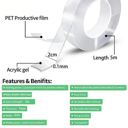 Nano Tape Double Sided Tape Transparent Reusable Waterproof Adhesive Tapes Cleanable Kitchen Bathroom Supplies Tapes Beauty World Shop