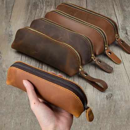 Vintage Leather Pencil Bag Simple Stationery Hoder Pen Case Storage Bag Zipper Pencil Pouch Glasses Box School Supplies Beauty World Shop