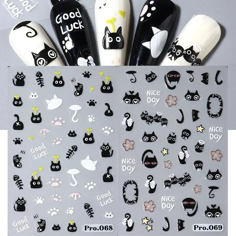 2pcs Black Cat Nail Stickers 3D Cute Cartoon Animal 3D Self-Adhesive Nail Art Decals Sliders Decorations Manicure Accessories Beauty World Shop
