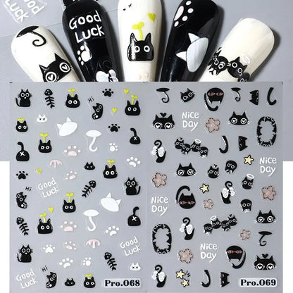 2pcs Black Cat Nail Stickers 3D Cute Cartoon Animal 3D Self-Adhesive Nail Art Decals Sliders Decorations Manicure Accessories Beauty World Shop