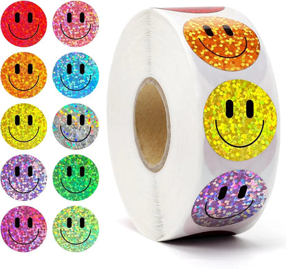 500 Pcs Smile Face Stickers Roll Laser Colorful Happy Face Sticker for Classroom Back to School Birthday Teacher Reward,1inch Beauty World Shop