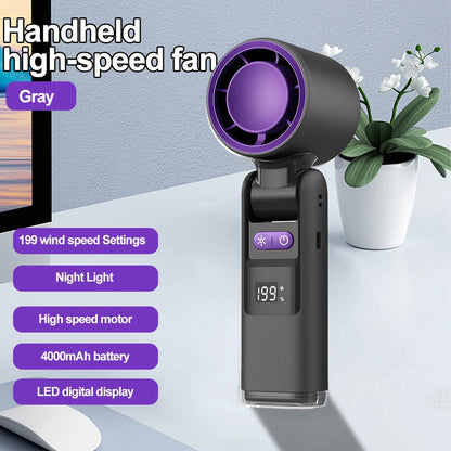 Handheld Portable Fan with Ice Cooler 4000mAh Rechargeable Pocket Fans Foldable Design LED Display 1-199-Speed Wind Cooling Fan