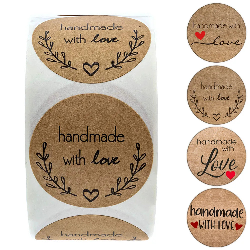 100-500pcs 1inch Vintage Kraft Paper Handmade With Love Stickers for Package Thank You Stationery Adhesive Labels Baking Seals Beauty World Shop
