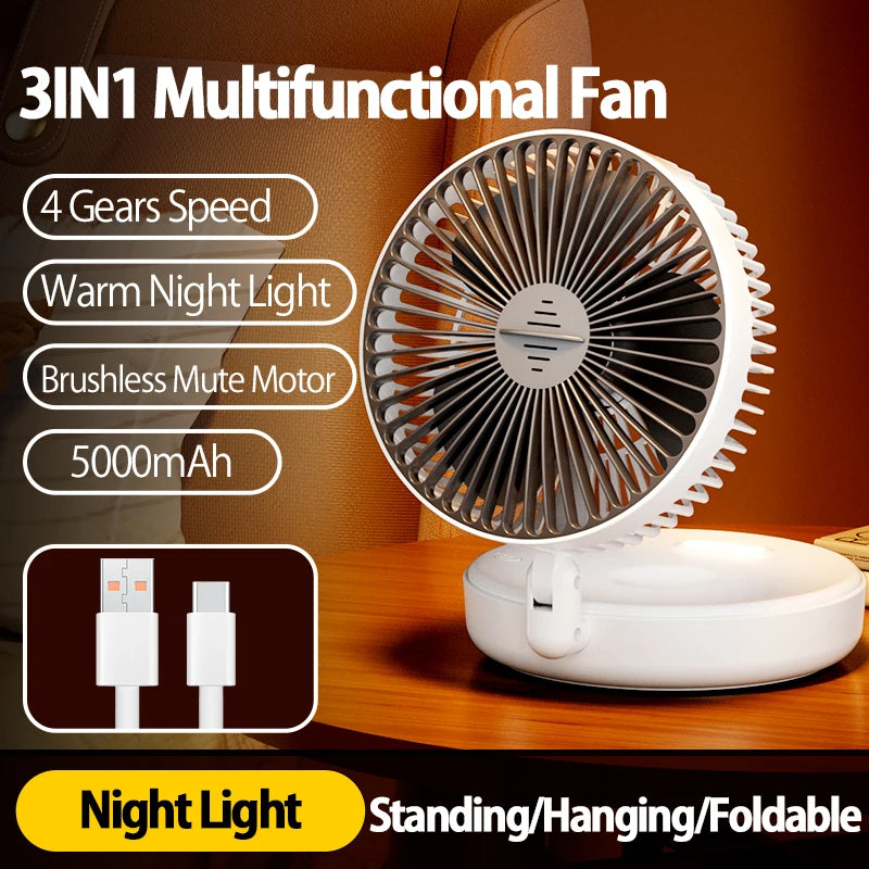 2024 New Rechargeable 3IN1 Multifunctional Portable Fan Wall Mounted Fan 90° Folding Fan 4 Gears With Warm Night Light Beauty World Shop