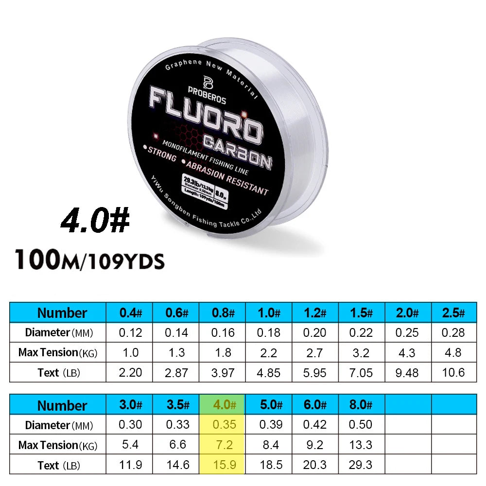 PROBEROS 100M Fluorocarbon Coating Fishing Line 2.2LB-29.3LB Carbon Fiber Monofilament Leader Line Carp Fishing Sinking Line Beauty World Shop