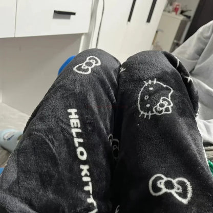 2024 Sanrio Hello Kitty Pajamas Halloween Flannel Fashion Trouserswomen Kawaii Woolen Anime Cartoon Casual Home Pants Autumn Beauty Fashion