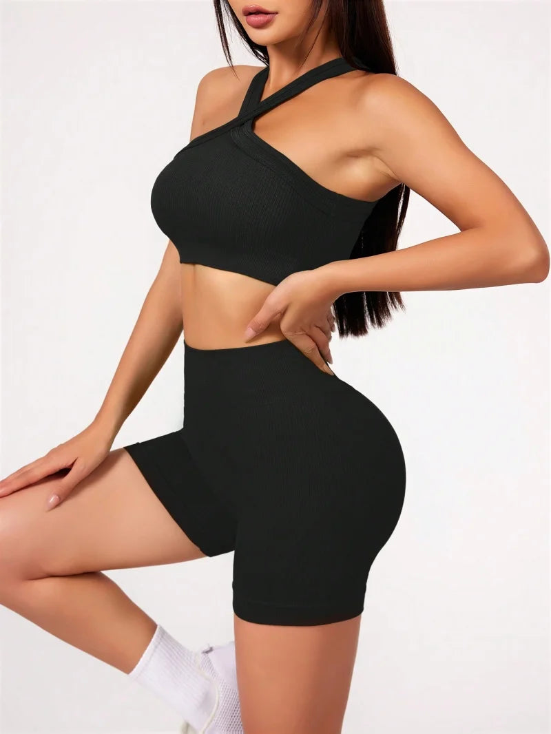2Pcs Yoga Sets Naked Feel Gym Set Women Workout Clothes High Waist Yoga Shorts And Strappy Sports Bra Short Sets Summer Beauty World Shop
