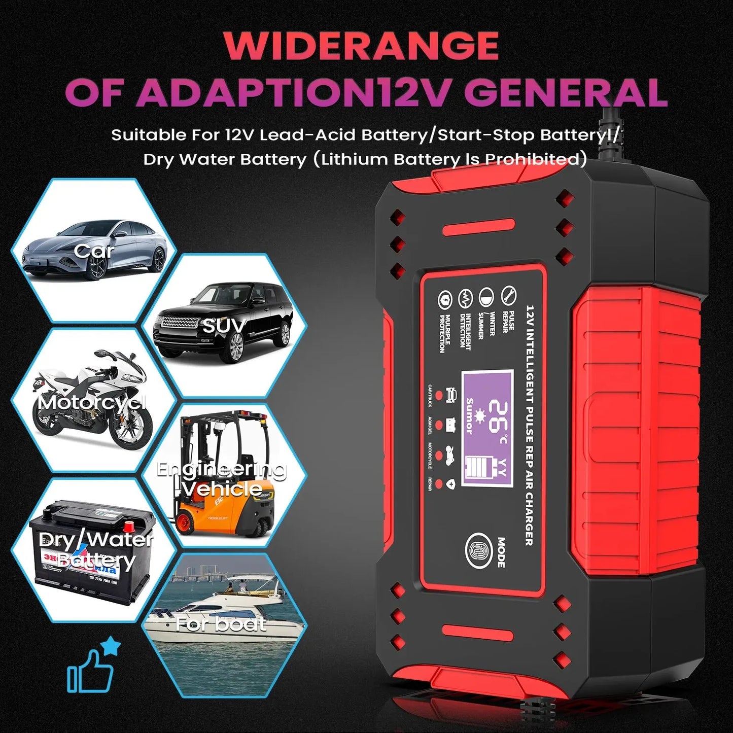6A 12V Intelligent Car Battery Charger Car and Motorcycle Battery Charging Unit Lead-Acid Battery Repair LCD Display Beauty World Shop