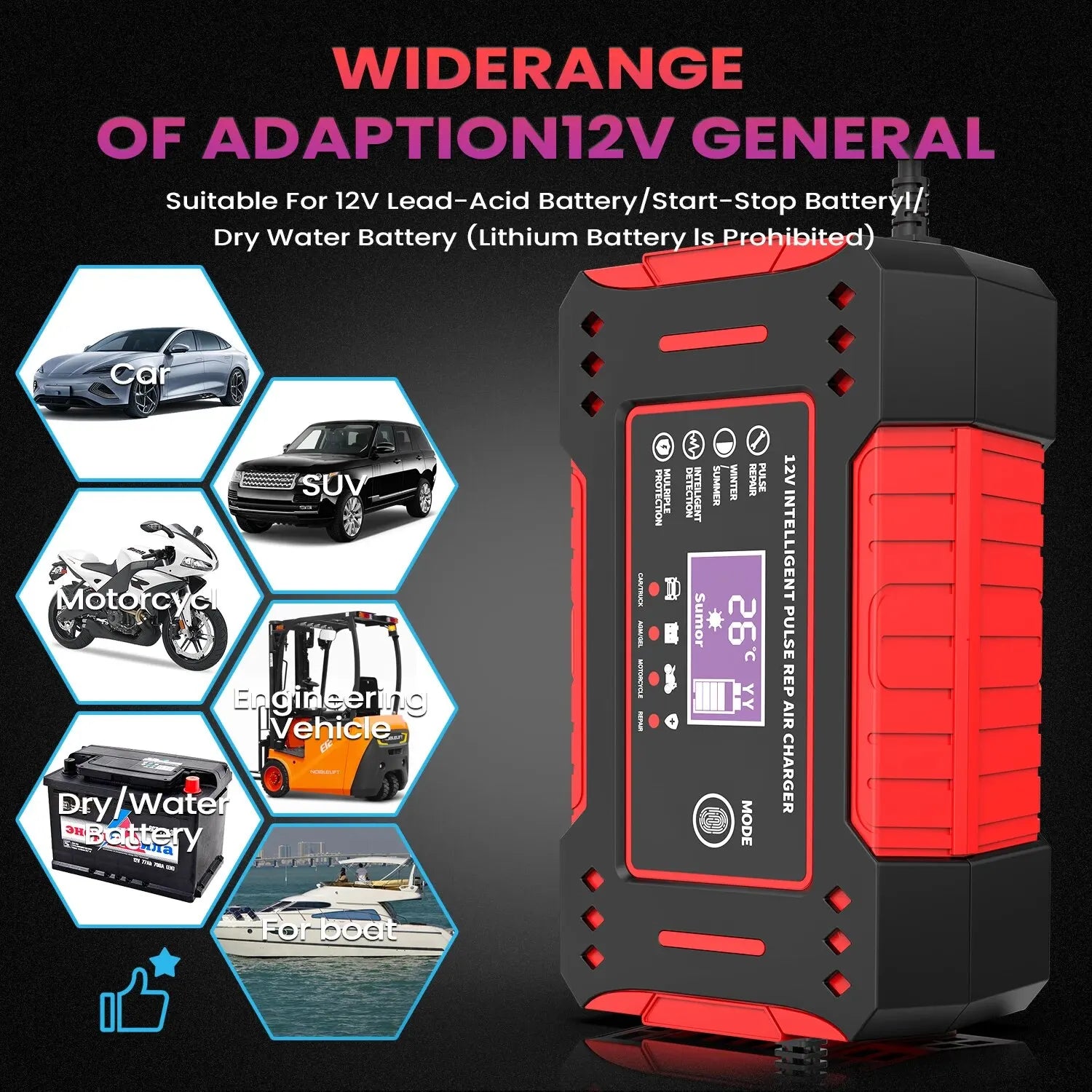 6A 12V Intelligent Car Battery Charger Car and Motorcycle Battery Charging Unit Lead-Acid Battery Repair LCD Display Beauty World Shop