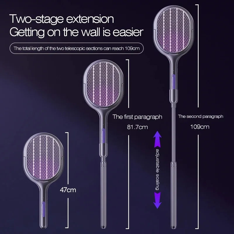 Telescopic Electric Mosquito Swatter & UV Trap Lamp, Extendable 109cm, Safe Physical Killer, Rechargeable, Wall Mount No Gap Beauty World Shop