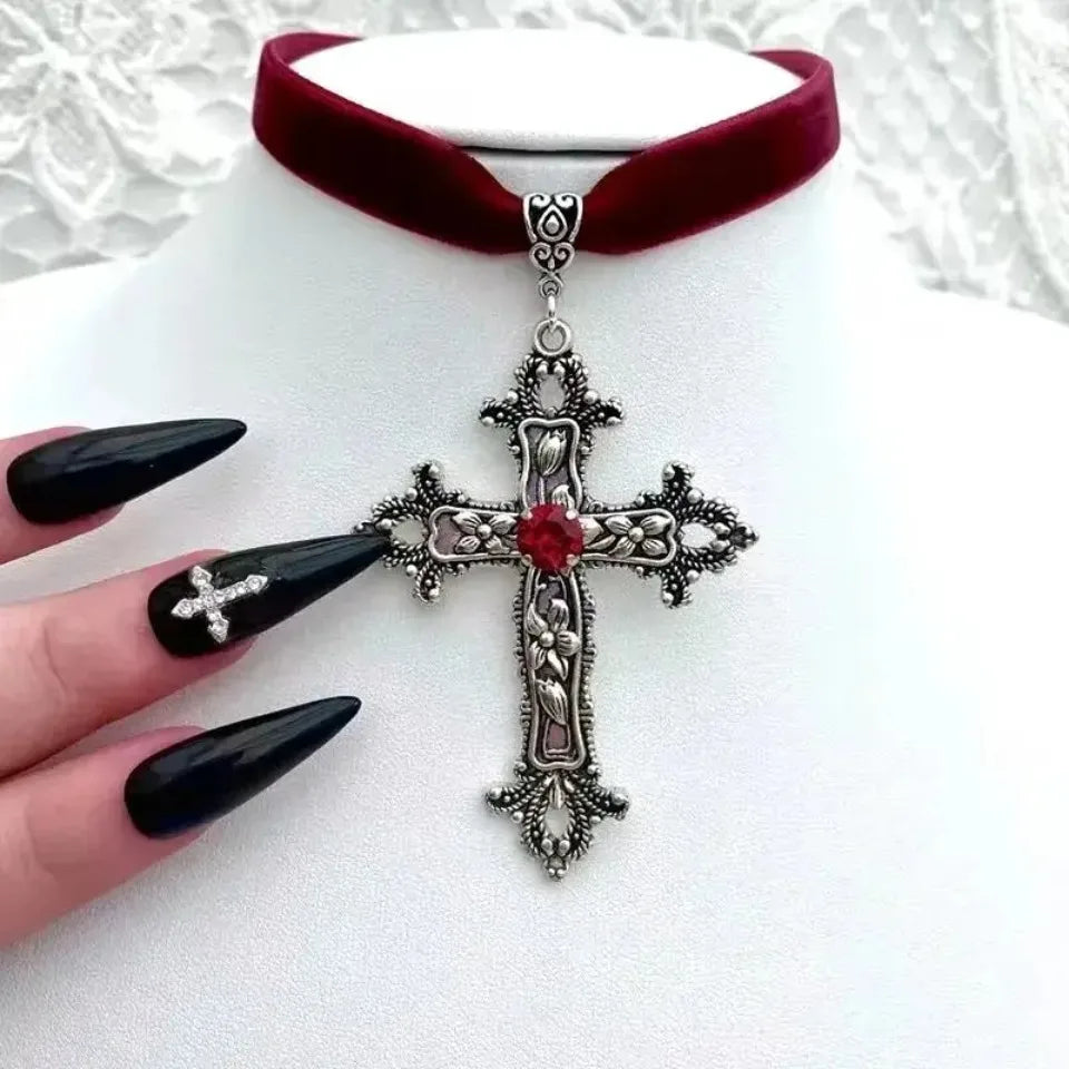 A Classic Gothic Large Cross Shaped Black Velvet Necklace Prepared for Her, Gorgeous Cross Shaped Black Velvet Necklace Beauty Trend Shop