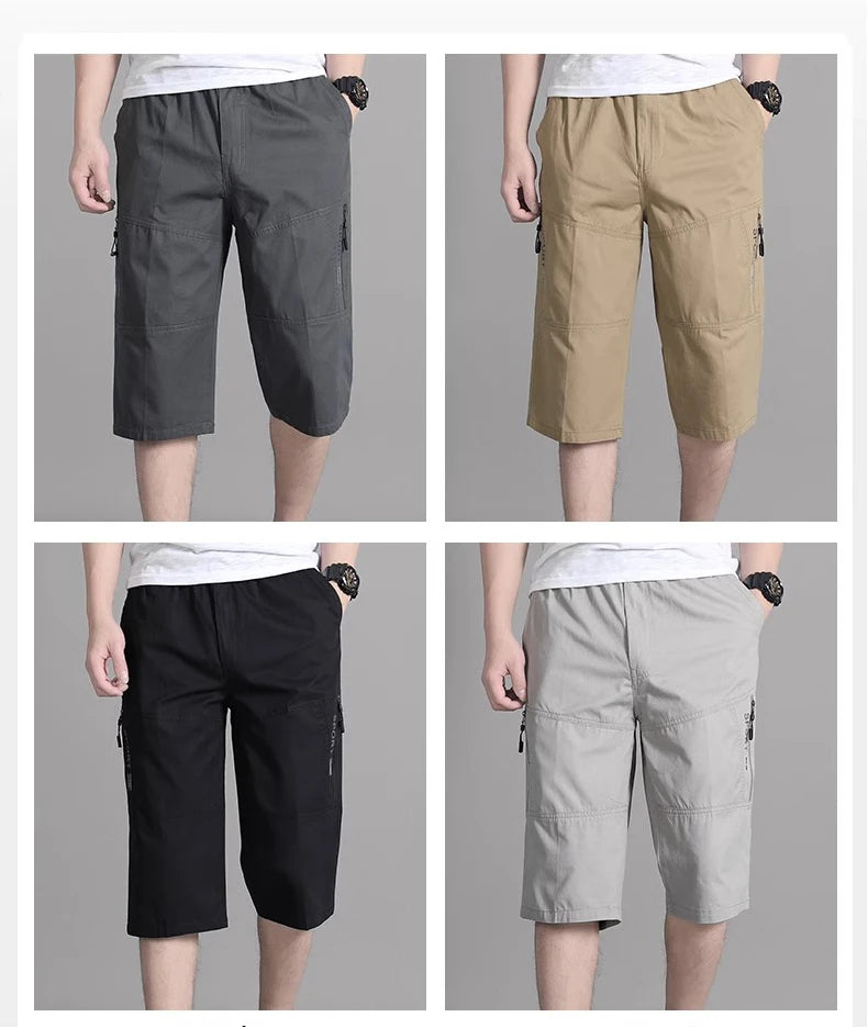 Mens Cargo Shorts Knee Pants Zipper Pocket Summer Cotton Shorts Climbing Jogger Elastic Waist Sports Wear Beauty World Shop
