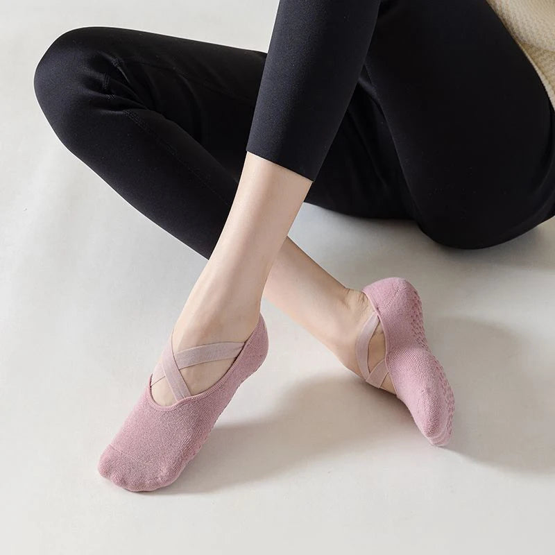 Women Breathable Towel Bottom Yoga Socks Silicone Non-Slip Bandage Pilates Sock Ladies Ballet Dance Fitness Workout Cotton Socks Beauty World Shop