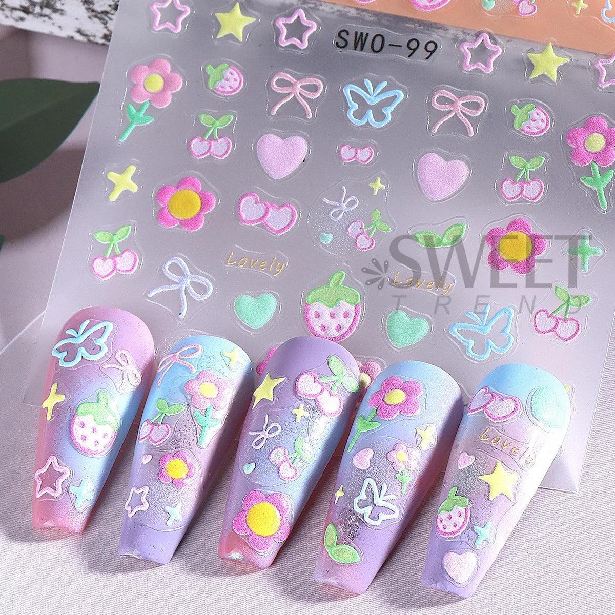 2pcs Sweet Element Nail Art Stickers Simple Flower Heart Cherry Strawberry Kawaii Decals Colorful Bow Butterfly Manicure Sliders Beauty World Shop