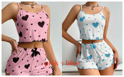 Women's Pajamas Set Sleepwear 2 PCS Short Tank Tops And Shorts S M L White Ventilate Soft Casual Love Printing Beauty World Shop