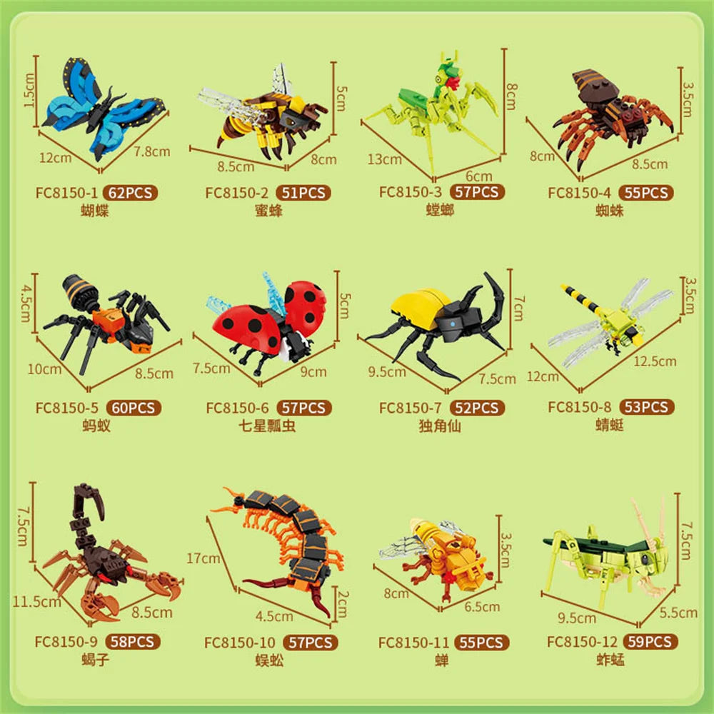 City Farm Vegetable Garden Cute Animals Insect Dragonfly Spider Mantis Centipede Grasshopper Honeybee Building Block Bricks Toy Beauty World Shop